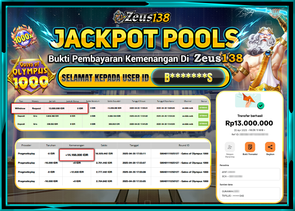 ZEUS138 GATES OF OLYMPUS 1000  Rp.13.000.000,- LUNAS